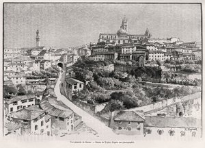 シエナ(イタリア)の全景。Eugene Muntz（1845-1902）の「A travers la Tuscane」をテイラーが描いたもので、Edouard Charton（1807-1891）監督の「Le tour du Monde 1892」に収録されています（Hachette, Paris）。 作： T Taylor