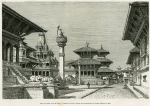 パタン（現在のラリトプール）の王宮の場所。エドゥアール・シャルトン（1807-1890）監督の『le tour du monde 1886』に収録されているギュスターヴ・ル・ボン博士（1841-1931）の『Voyage au Nepal』の物語を説明するためのテイラーによるエングレーヴィング。 作： T Taylor