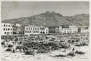 アデン（イエメン）の行進。1882年から1883年にかけて、M.G.Revoilが執筆した「Journey to the Benadir, Somalis and Bayoun」の物語を説明するためのテイラーのエングレーヴィング。Le Tour du monde, nouveau journal des voyagesに掲載。 作： T Taylor