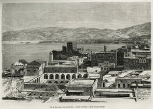ベイルートとレバノン山の眺め。1875年から1878年にかけて公教育省から派遣されたリヨン医学部の学部長ロルテ氏が、今日のシリアの様子を説明するためにテイラーが描いた絵をもとに作成したもの。 作： T Taylor