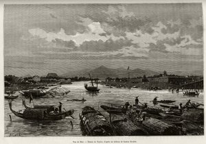 フエ（ベトナム）の風景。ソンフオン川の航行とティエンムー・パゴダの説明がある。1885年、Charles Edouard Hocquard（1853-1911）博士による物語「Trente mois au Tonkin」を説明するためにTaylorが描いたエングレーヴィング。 作： T Taylor