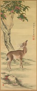長寿のシンボル：桃と松の下の鹿、一対の掛け軸