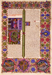 パウロのテサロニケ人への第一の手紙、ボルソ・デステの聖書第二巻より、Taddeo Crivelli (1425-1479)らによる彩色、ラテン語写本422-423、フォリオ206、長方形、羊皮紙。 作： Taddeo Crivelli
