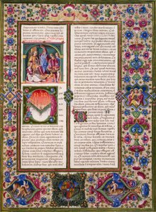 Taddeo Crivelli (1425-1479)らによって彩色された『ボルソ・デステの聖書』第1巻の「知恵の書」、ラテン語写本422-423、フォリオ286、レクタ、羊皮紙 作： Taddeo Crivelli