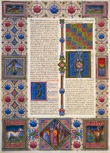 Taddeo Crivelli (1425-1479)らによって彩色されたボルソ・デステの聖書第2巻のゼカリヤ書、ラテン語写本422-423、フォリオ104、裏面、羊皮紙。 作： Taddeo Crivelli