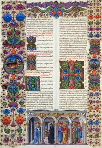 ヤコブの手紙、ボルソ・デステの聖書第2巻、Taddeo Crivelli (1425-1479)らによる彩色、ラテン語写本422-423、フォリオ229、裏面、羊皮紙。 作： Taddeo Crivelli