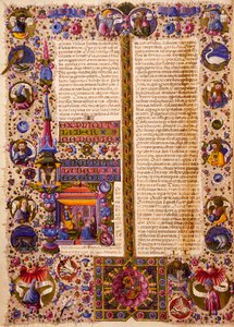 Taddeo Crivelli（1425-1479）らが彩色したボルソ・デステの聖書第1巻の出エジプト記、ラテン語写本422-423、フォリオ26、裏面、羊皮紙。