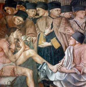 病院での病人のケア、看護師がペレリンの傷の足を洗う」詳細。タデオ・ディ・バルトロ（1363-1422）によるフレスコ画 14世紀 シエナ、サンタ・マリア・デッラ・スカラのスペダーレ 作： Taddeo di Bartolo