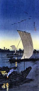 関宿の納涼船（カラー木版画） 作： Takahashi  Hiroaki
