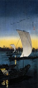 関宿の夕景、1930年頃（おたんじょうび木版画
