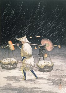 ナイトスノー、1930年代頃（カラーの木版画） 作： Takahashi Hiroaki