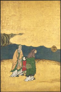 フォーからの囲碁 成果、17 世紀初頭 (スライド スクリーン; 紙にインク、色、金) 作： Takanobu Kano