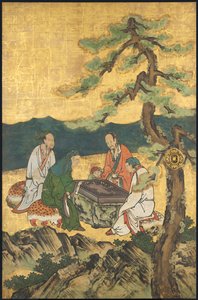 フォーからの囲碁 成果、17 世紀初頭 (スライド スクリーン; 紙にインク、色、金) 作： Takanobu Kano