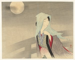 月明かりの下で橋の上でベールをかぶった女性