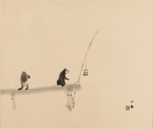 木版画 - 桟橋にいる 2 匹のサル、19 世紀後半から 20 世紀初頭 作： Takeuchi Seiko