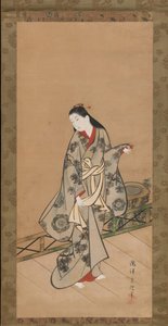 ベランダの女性, ca. 1730年。 作： Takizawa Shigenobu