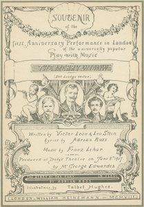 メリー・ウィドウ」ロンドン公演1周年記念のスーベニア（カラーリトグラフ）のタイトルページ 作： Talbot Hughes