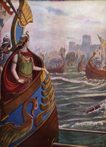 古代、ローマ内戦: エジプトの女王クレオパトラ 7 世テア フィロパトル (紀元前 69-30 年) は、アクティウムのオクターブの艦隊に対して紀元前 9 月 2 日にアンブラキウス湾でアクティウムの戦いで、 作： Tancredi Scarpelli