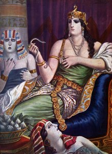 エジプトの古代：「「クレオパトラの死」」エジプトの女王クレオパトラ7世テア・フィロパトル（紀元前69-30年）2匹のアスピックヘビに噛まれて自殺（エジプトクレオパトラの自殺）タンクレディ・スカルペリ（1866-1937）によるイラスト「 「ストーリア・ディタリア」」（ 作： Tancredi Scarpelli