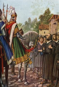 皇帝フリードリヒ 1 世バルベロッサ (1122 年 - 1190 年) は、1158 年に 2 度目のイタリア旅行でアダ川を渡り、領土を取り戻すよう懇願するロディの人々に会いました。 タンクレディ・スカルペリ (1866-1937) パオロ・ジュディチ作「イタリアの物語」より 作： Tancredi Scarpelli