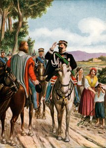 1860年、ビクターエマニュエルIIとガリバルディの間のテアノでの歴史的な会議 作： Tancredi Scarpelli