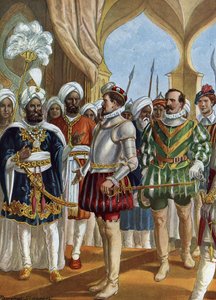 ポルトガルの航海士ペドロ・アルバレス・カブラル (1460-1526) は、1500 年 9 月 13 日にカリカット (コジコード) の王 (ザモリン) の宮廷で、インドのカウンターの設立を交渉しました (ポルトガルの航海士ペドロ・アルバレス・カブラルは、ザモリンと交渉しています)。 カリ 作： Tancredi Scarpelli