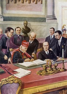 バチカンにおける教皇の主権を保証し、イタリアにおけるカトリック宗教を公式化する、イタリア政府（ファシスト）と聖バチカン包囲戦（St. Siege）との間のラテラノ協定（Patti lateranensi）の調印：ピエトロ枢機卿 作： Tancredi Scarpelli