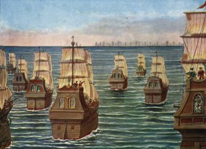 カンナノールの戦いは、1506 年 3 月にインドのカンナノレ港沖で、カリカットのサモリンのインド艦隊と副王アルメイダの息子であるロウレンコ デ アルメイダの指揮下にあるポルトガル艦隊との間で行われました。 作： Tancredi Scarpelli