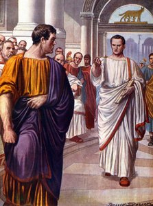 ローマの政治家キケロン（Marcus Tullius Cicero）（紀元前106-43年）は、紀元前63年に行われたカティリナの演説の際に糾弾した陰謀家カティリナ（Lucius Sergius Catilina）（紀元前108-62年）と渡り合っている。挿絵はタンクレディ・スカルペリ（1866-1937）。 作： Tancredi Scarpelli