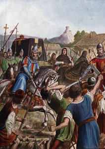 神聖ローマ帝国の皇帝オットン (オットン) 3 世 (980-1002) の葬列は、遺物をイタリアからアーヘンへと運び、反乱を起こした民衆との通路で戦っている (オットン 3 世の棺、神聖ローマ皇帝、イタリアの群衆を通り抜ける) 作： Tancredi Scarpelli