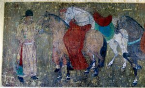 中国美術「玄宗皇帝（712-756）の宮廷画家、韓寒（かんかん）の絹絵巻の断片の詳細。唐時代の作品。唐代。50x141 cm パリ市立セルヌスキ美術館 作： Tang Dynasty Chinese School