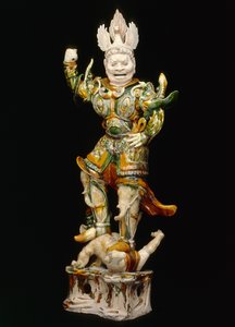 ロカパラ（天の守護者）、8世紀初頭（3色（唐三彩）の鉛釉薬を使用した陶器） 作： Tang Dynasty Chinese School
