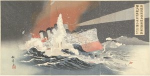 Onze torpedobootjagers Hayatori en Asagiri vernietigen vijandelijke schepen tijdens een sneeuwstorm in Port Arthur. Waga kuchikukan Hayatori asagiri okashite daifusetsu o gekichin suru tekikan o Ryojun no zu. (title on object) 作： Taniguchi Kokyo