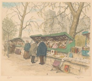 バック グラウンドでノートルダム大聖堂、Quai de Montebello の書店 作： Tavík František Šimon (signed by artist)