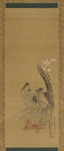 18 世紀後半から 19 世紀初頭にかけて、桜の木の下で木を集める女性と女性。 作： Tawaraya Sōri