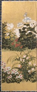 花と蝶（紙にインク、色、金箔） 作： Tawaraya Sotatsu