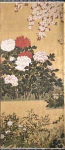 花と蝶（紙にインク、色、金箔）