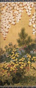 花と蝶（紙にインク、色、金箔）