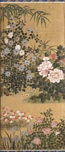 花と蝶（紙にインク、色、金箔）