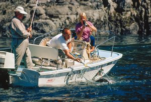 ビュート入江でサーモンを釣り上げる釣り人。 作： Ted Spiegel