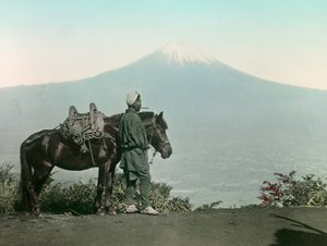 乙女山に馬を乗せ、富士山を眺めるトーガを着た日本人男性、1900年頃-1915年（写真）