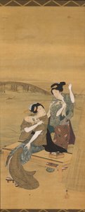 吾妻橋を見下ろす茶店で立ち止まる2人の美女 作： Teisai Hokuba