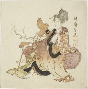 ワイン カップの 8 つの不滅のタイトルのないシリーズから、ワイン樽に寄りかかっている女性 作： Teisai Hokuba