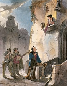 セレナーデ、「コスチュームとナポリの人気シーン」のイラスト、アキレ・ヴィアネッリ作、1830年頃（アクアチント） 作： Teodoro Guglielmo Witting