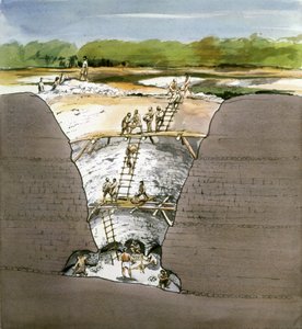 グライムの墓の断面図、新石器時代のフリント鉱山、ノーフォーク、1987 年。