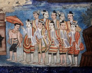 タイヤイ（シャン）の男性のグループ、サントンテイルズ（壁画）を描いたViharnライカムの壁画の詳細