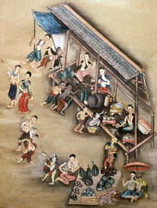 市場のシーンを描いた民俗画（紙にトイレ）