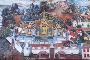 ワット プラケオ、ロイヤル グランド パレス、バンコク、タイでラーマーヤナのシーンを描いた壁画
