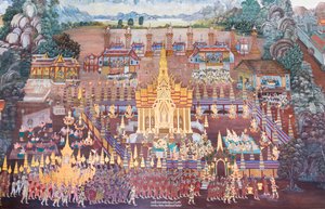 ワット プラケオ、ロイヤル グランド パレス、バンコク、タイでラーマーヤナのシーンを描いた壁画 作： Thai School