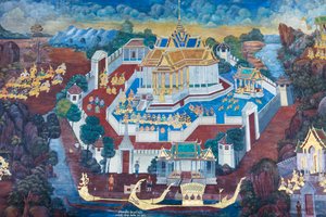 ワット プラケオ、ロイヤル グランド パレス、バンコク、タイでラーマーヤナのシーンを描いた壁画 作： Thai School